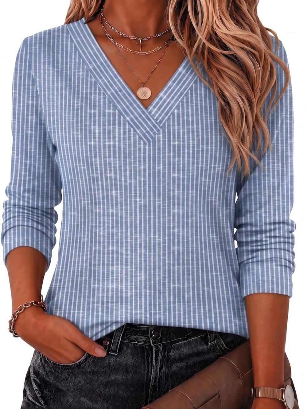Women's Zeagoo Blue Striped V-Neck Long Sleeve Blouse Size Small